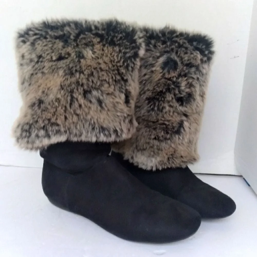 Black Faux Suede Fold Over Mid Calf Boots with Brown Faux Fur Trim Flat Sole
